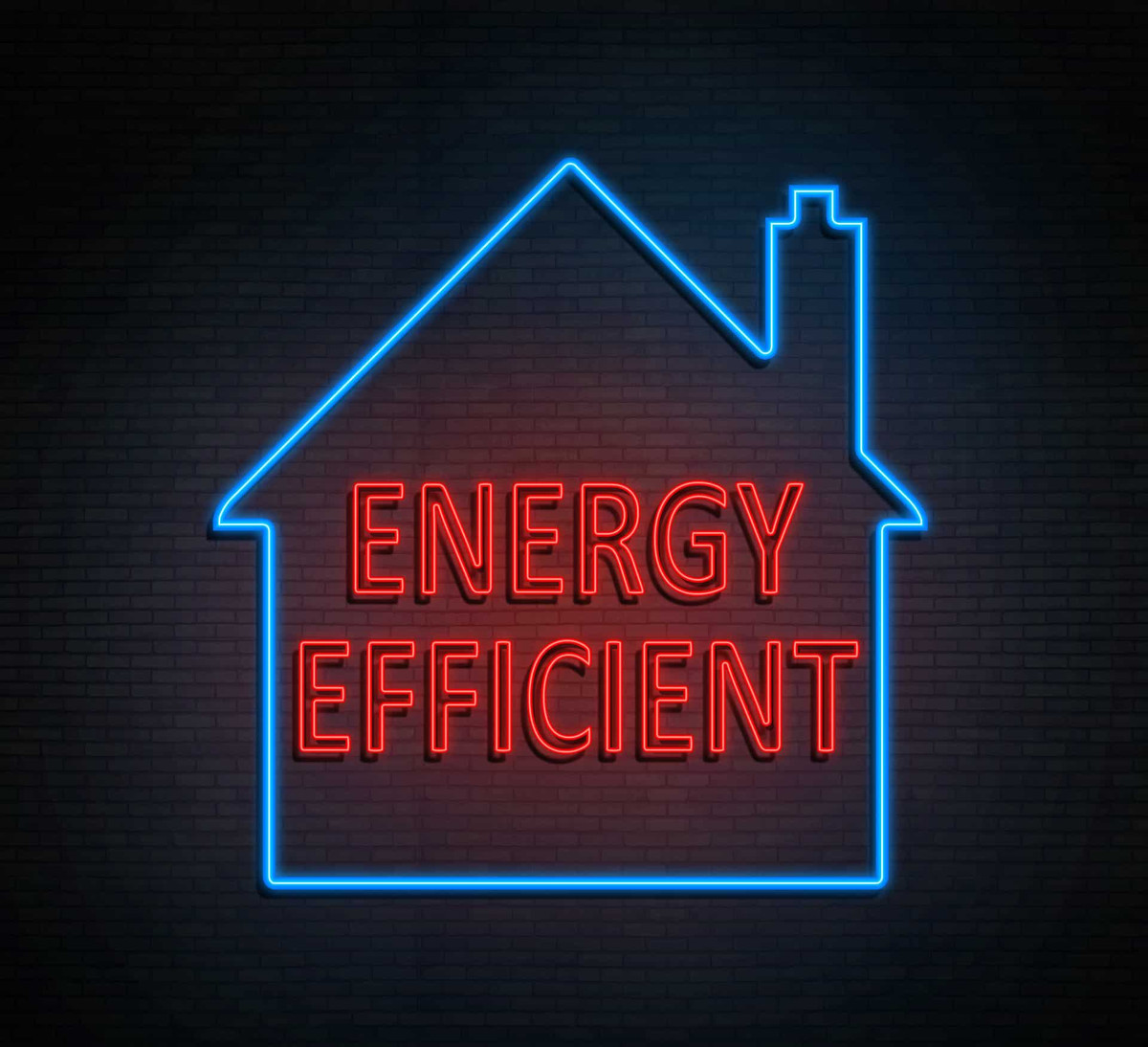 3d Illustration depicting an illuminated neon sign with an home energy efficient concept.