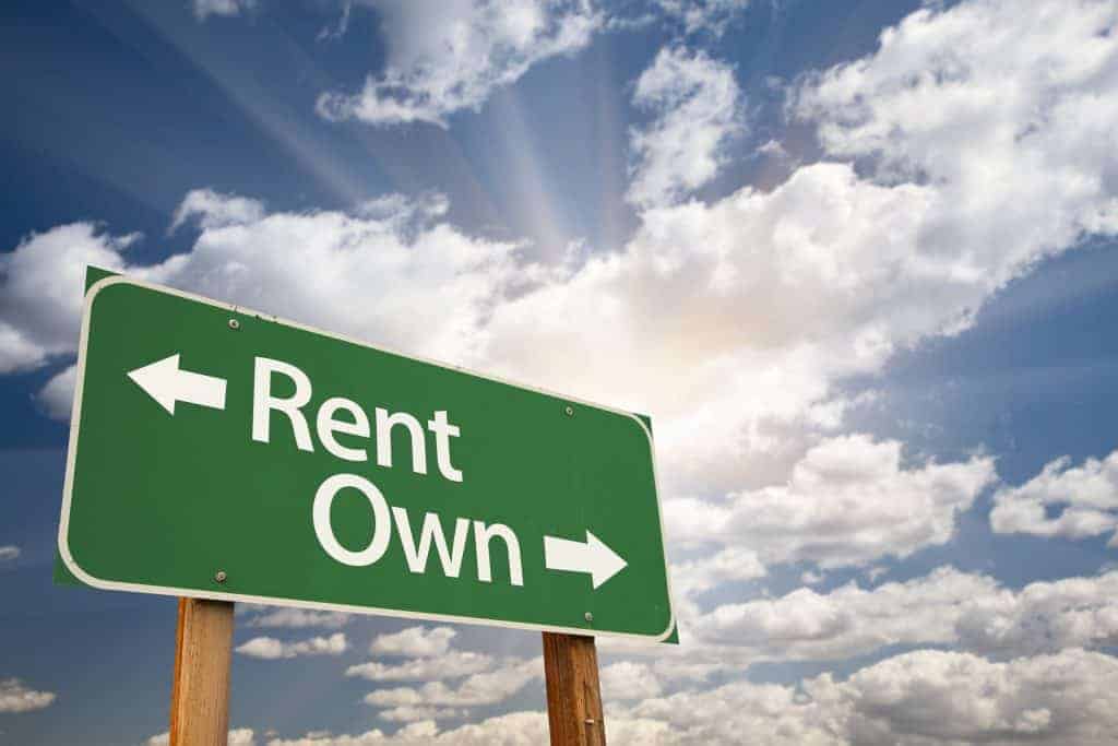 Rent, Own Green Road Sign Against Clouds and Sunburst.
