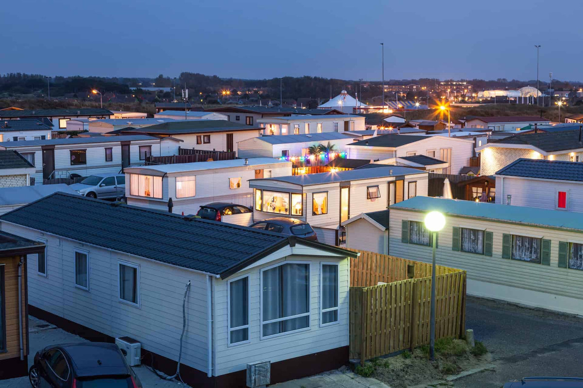 Trailer park illuminated at dusk