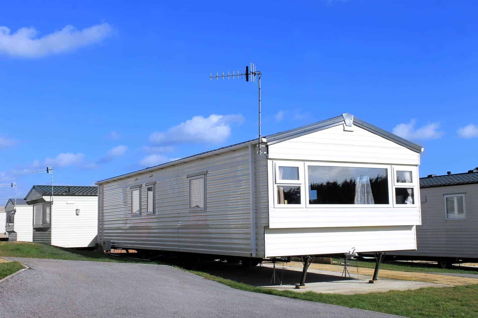 Exterior of a modern caravan on a trailer park in summer, England.