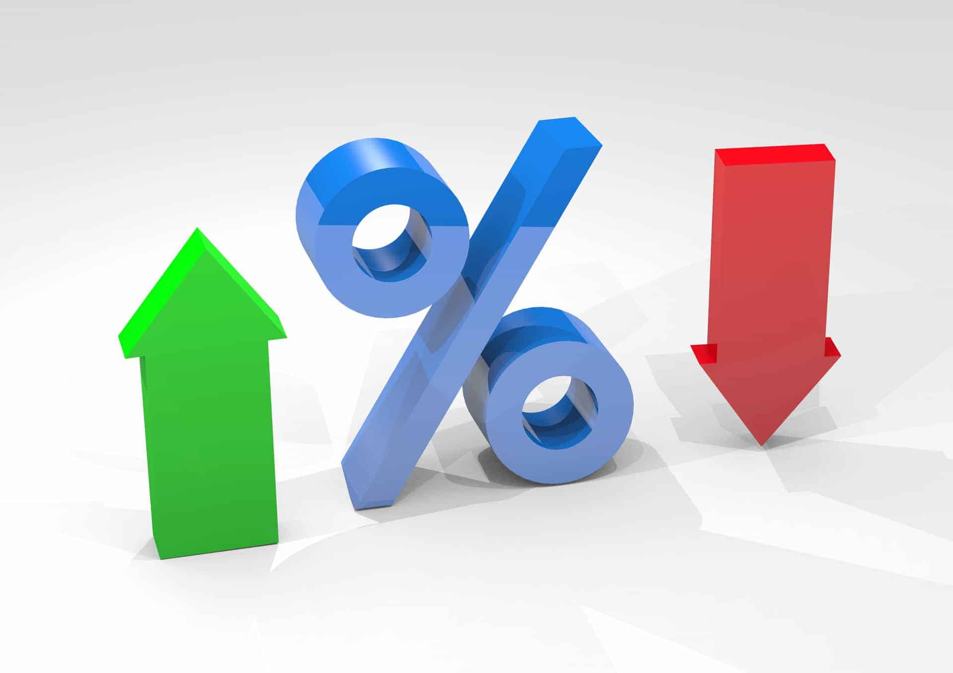 A green arrow pointing up, a blue percentage sign, a red arrow pointing down