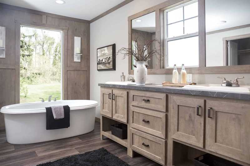 bathroom double sink with organizers build in the bottom