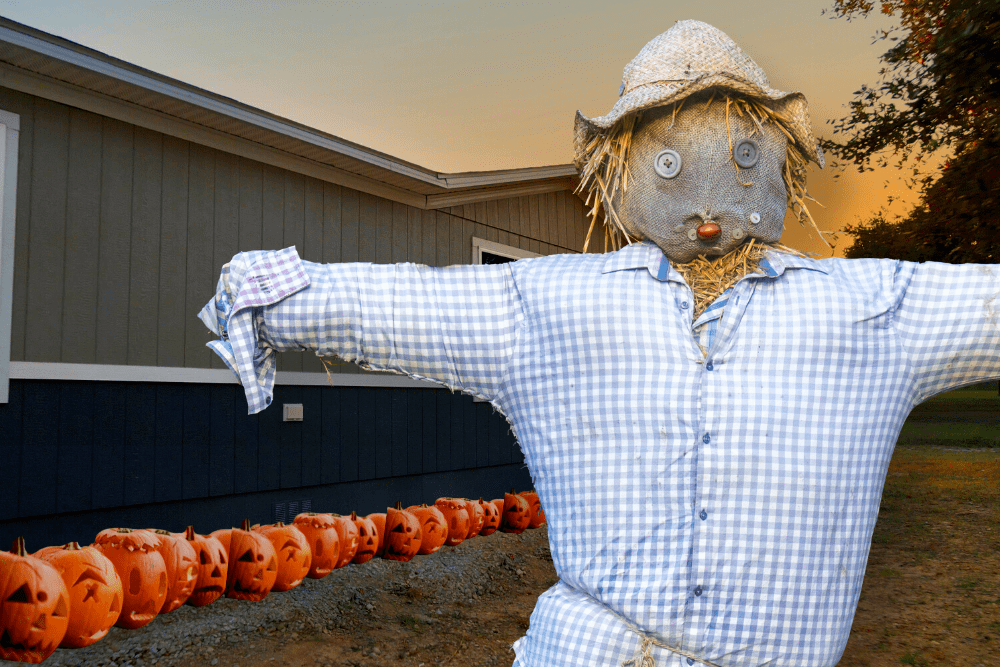 Spooky scarecrow infront of the mobile homes