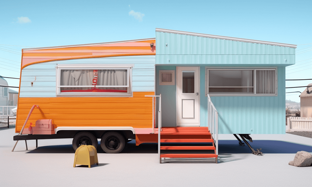 a mobile home split into two sections, one old and one new