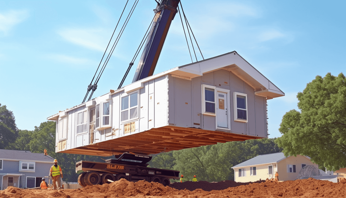 A piece of machinery lowering a mobile home onto its site