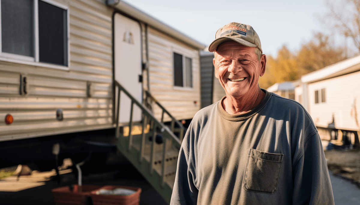A veteran standing in front of a mobile home